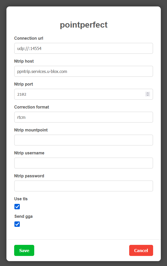 pointperfect service settings in the ARK-OS web UI: connection URL, NTRIP host, port, correction format, mountpoint, username, password, TLS, and GGA options