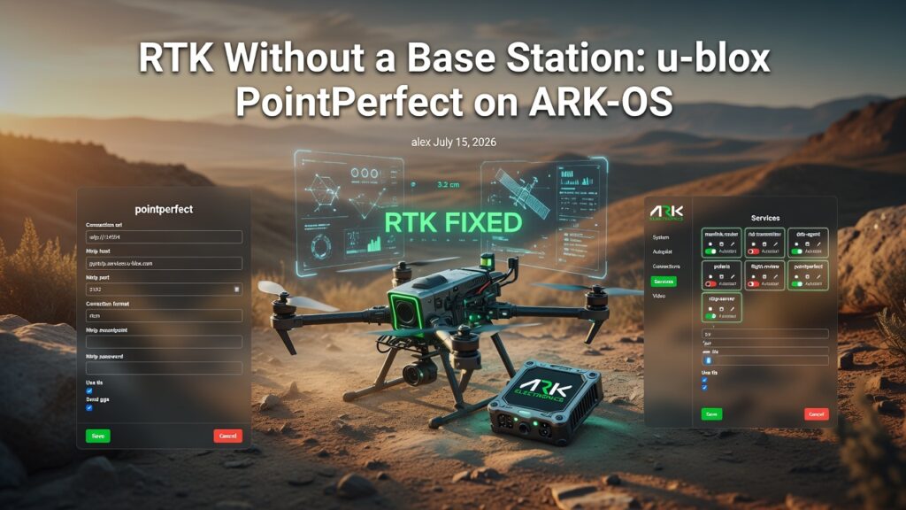 Drone with RTK GNSS receiving u-blox PointPerfect corrections, with ARK-OS pointperfect service settings and RTK FIXED status